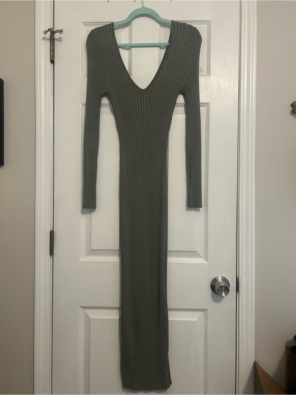 Hera Collection Olive Ribbed V-Neck Long Sleeve Maxi Dress